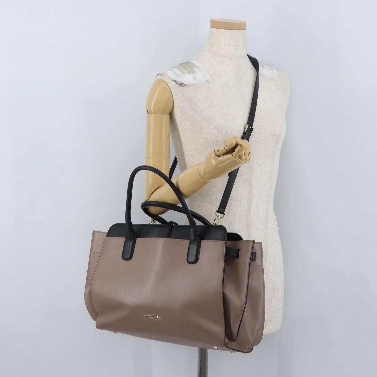 BVLGARI Hand Bag Leather 2way Gray Gold Auth hk3528