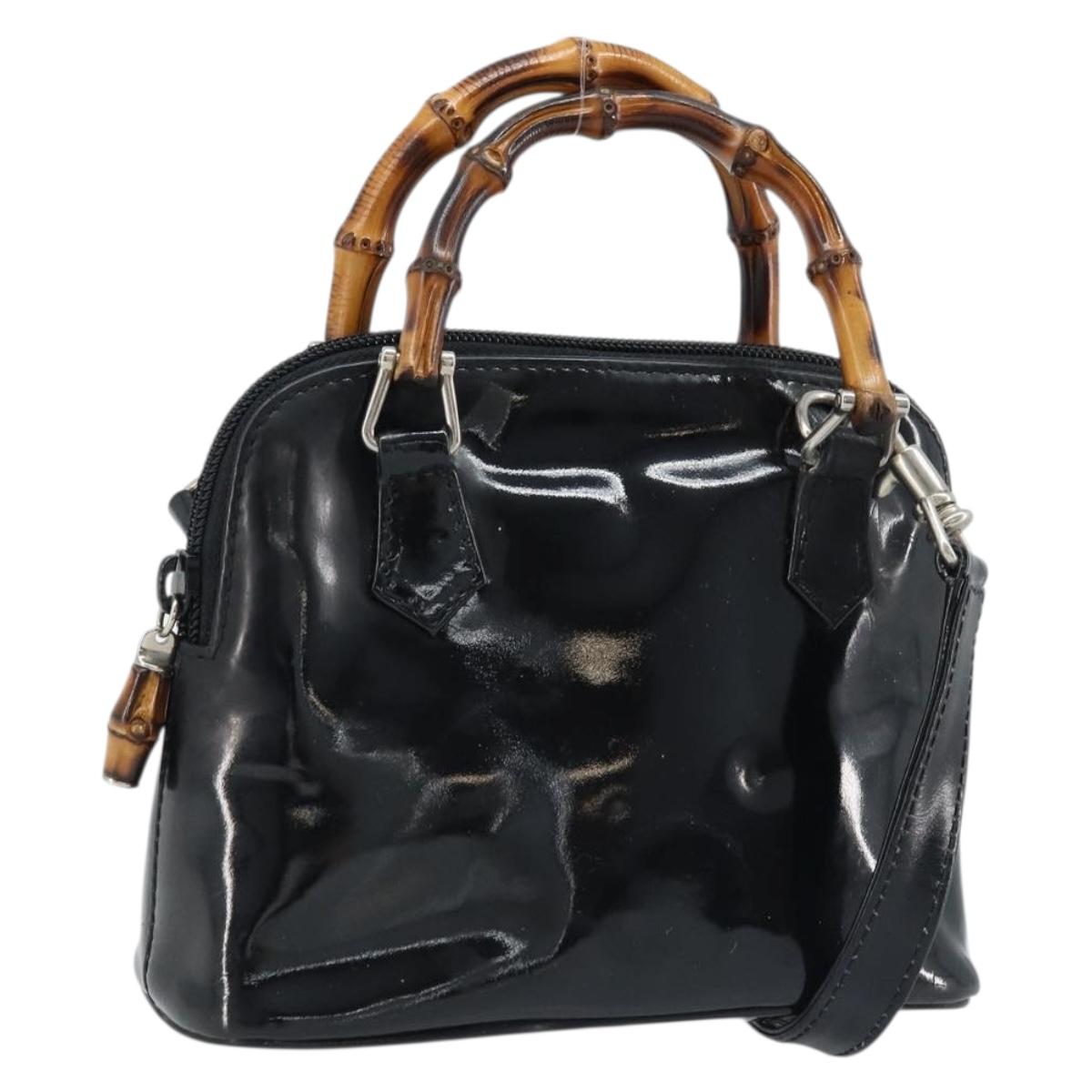 GUCCI Bamboo Hand Bag Patent 2way Black Silver 007 1014 0231 0 Auth hk3535