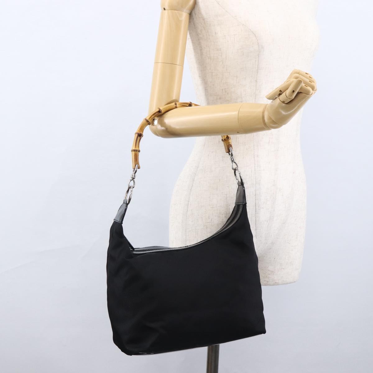 GUCCI Bamboo Hand Bag Nylon Black Silver Auth hk3536