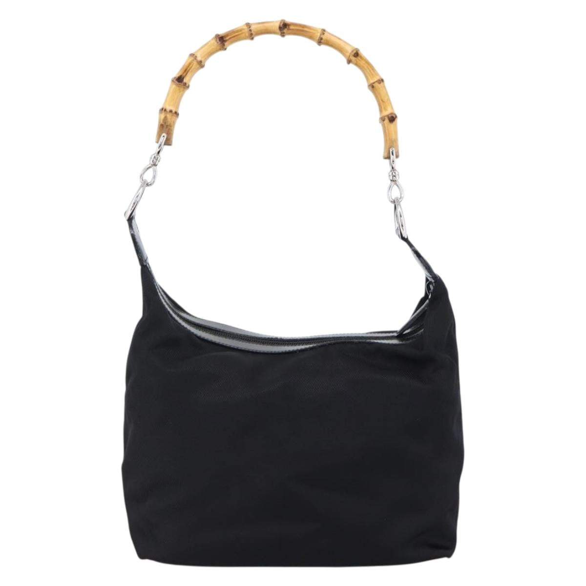 GUCCI Bamboo Hand Bag Nylon Black Silver Auth hk3536