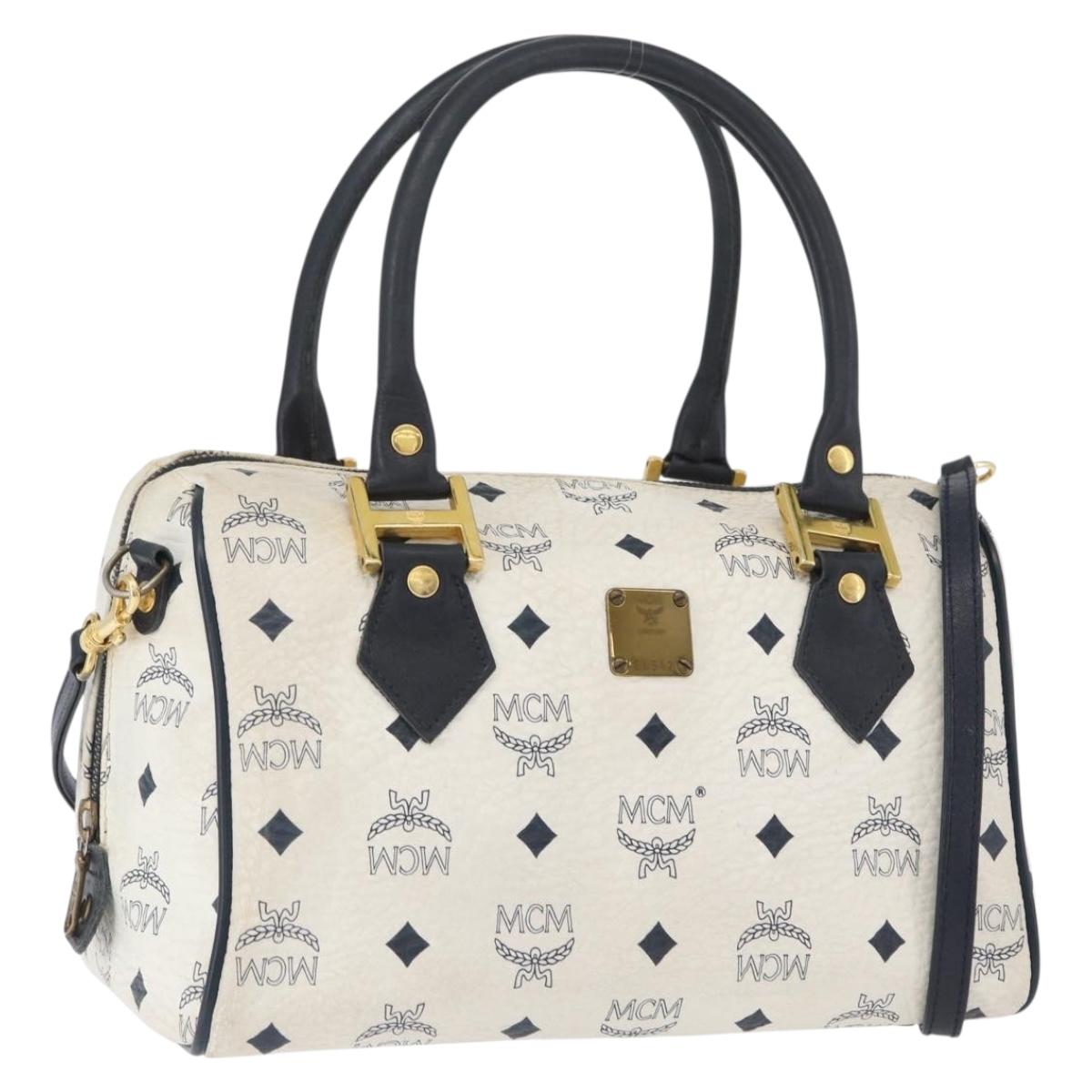 MCM Vicetos Logogram Boston Bag PVC Leather 2way White Gold Auth hk3541
