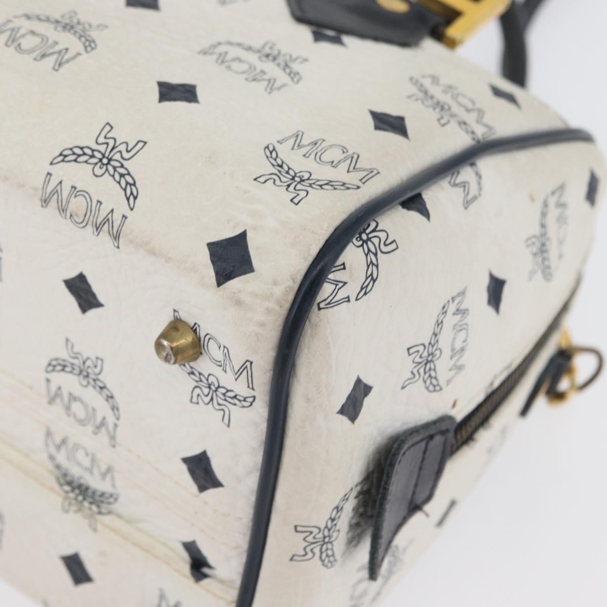 MCM Vicetos Logogram Boston Bag PVC Leather 2way White Gold Auth hk3541