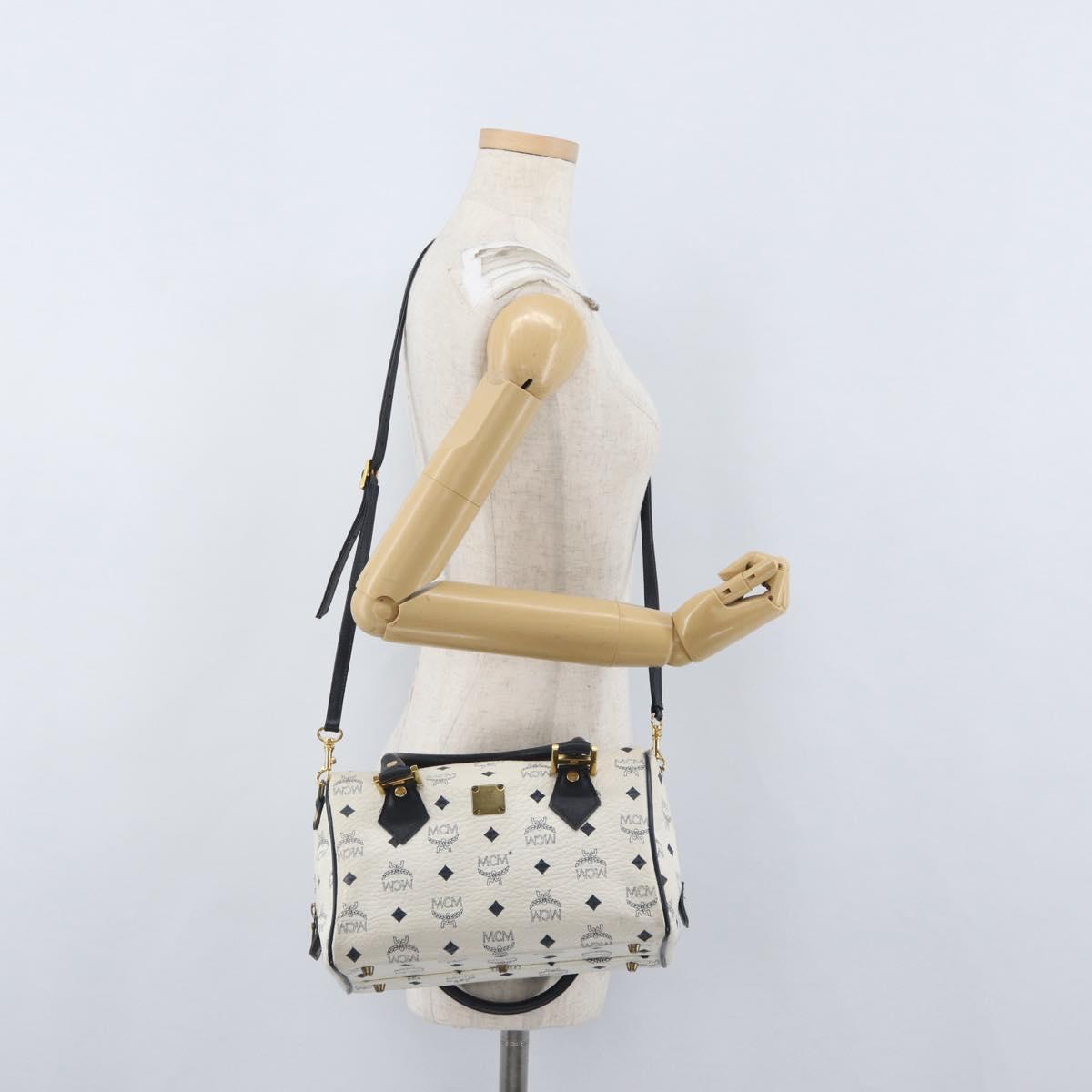 MCM Vicetos Logogram Boston Bag PVC Leather 2way White Gold Auth hk3541