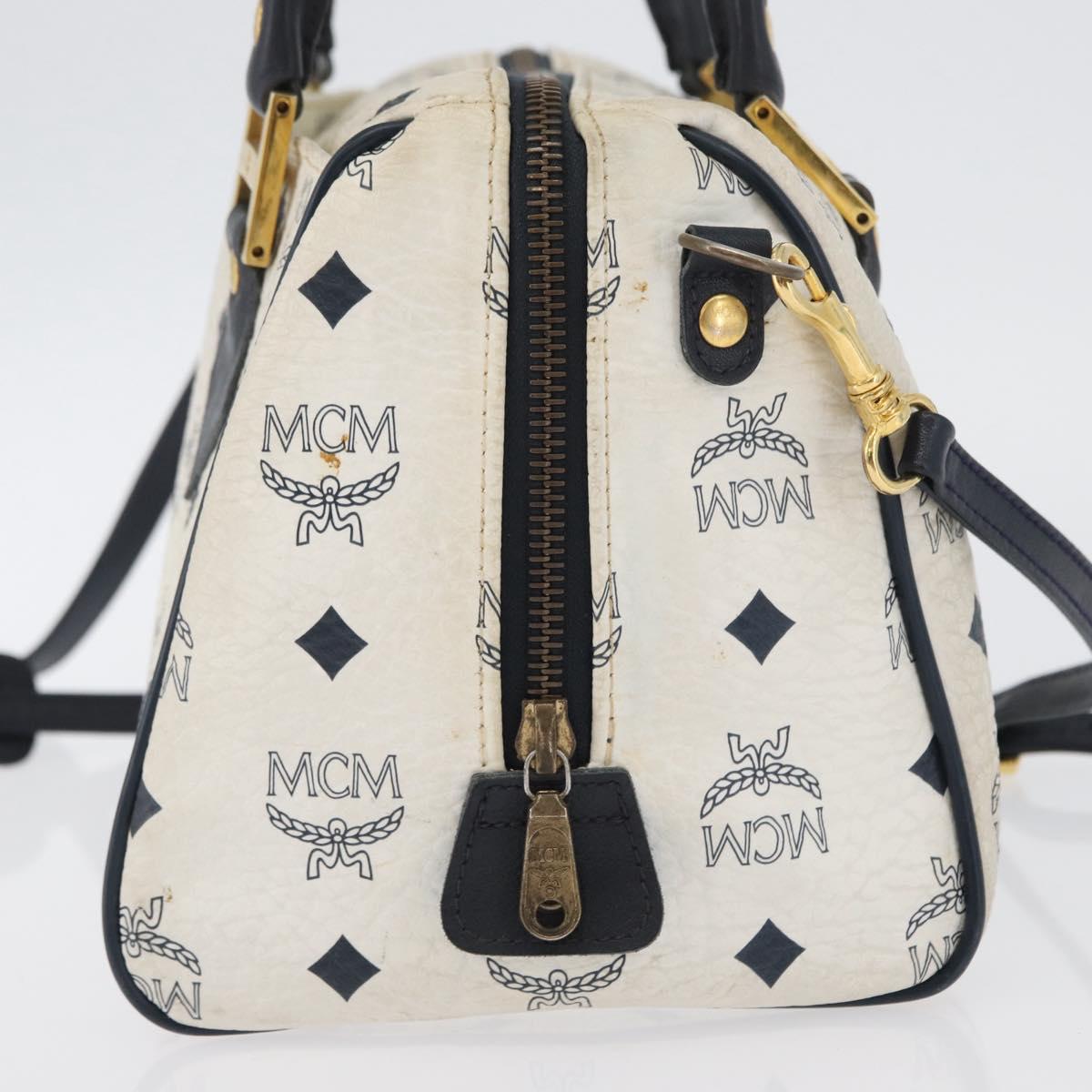 MCM Vicetos Logogram Boston Bag PVC Leather 2way White Gold Auth hk3541