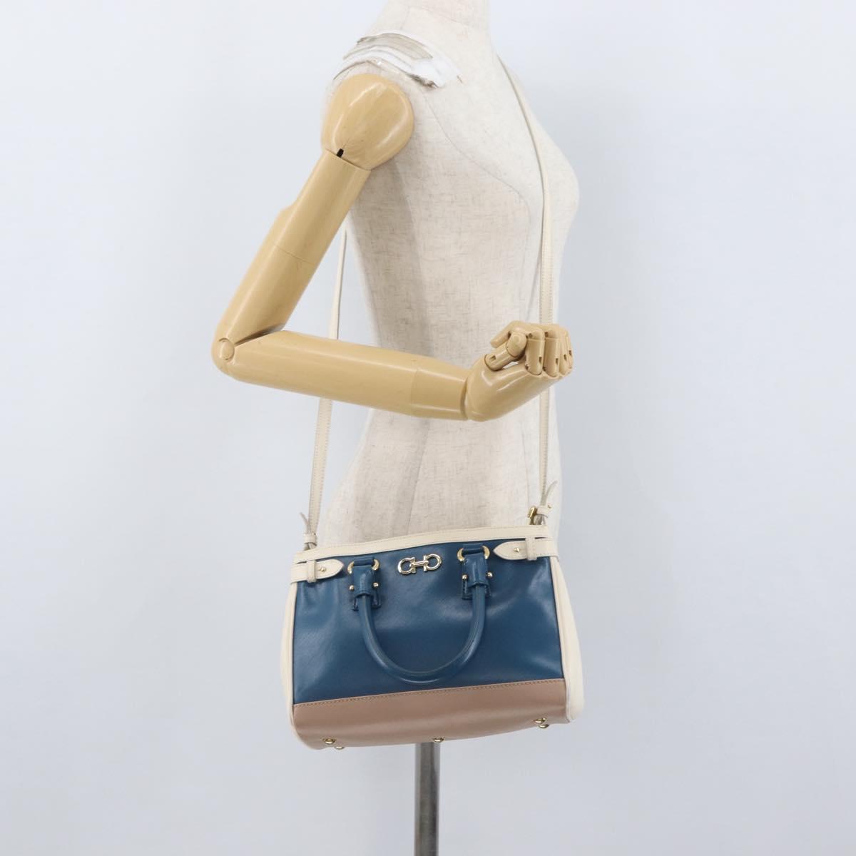Salvatore Ferragamo Gancini Hand Bag Leather 2way Blue Gold Auth hk3580A