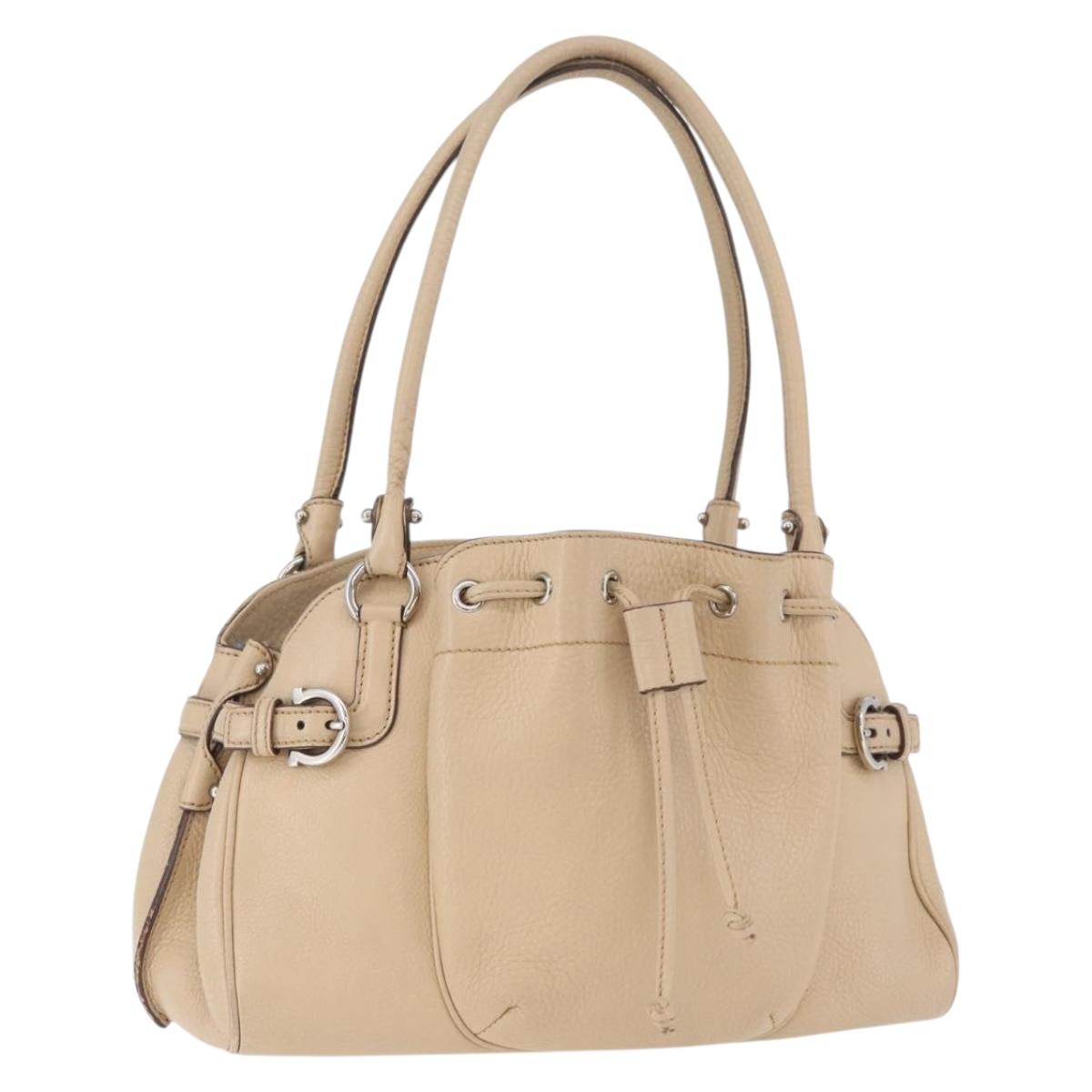 Salvatore Ferragamo Gancini Hand Bag Leather Beige Silver Auth hk3582