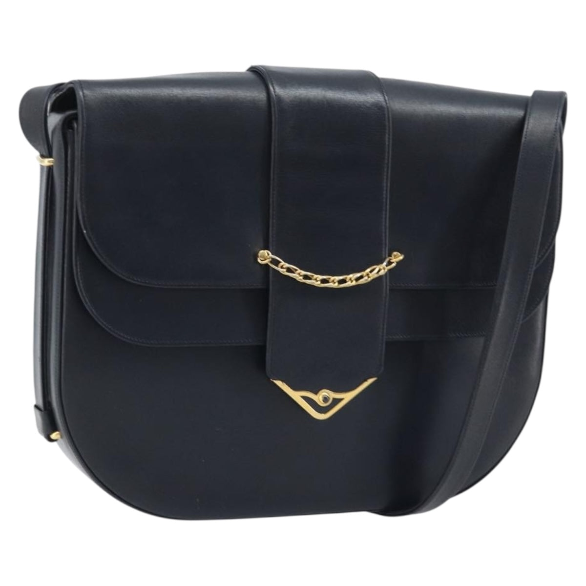 CARTIER Shoulder Bag Leather Navy Gold Auth hk3587