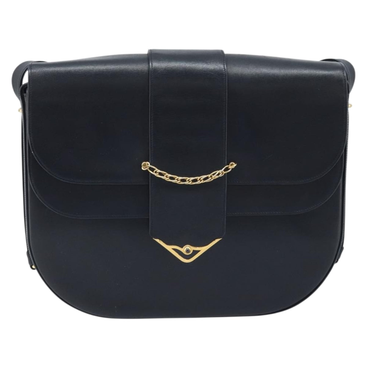CARTIER Shoulder Bag Leather Navy Gold Auth hk3587