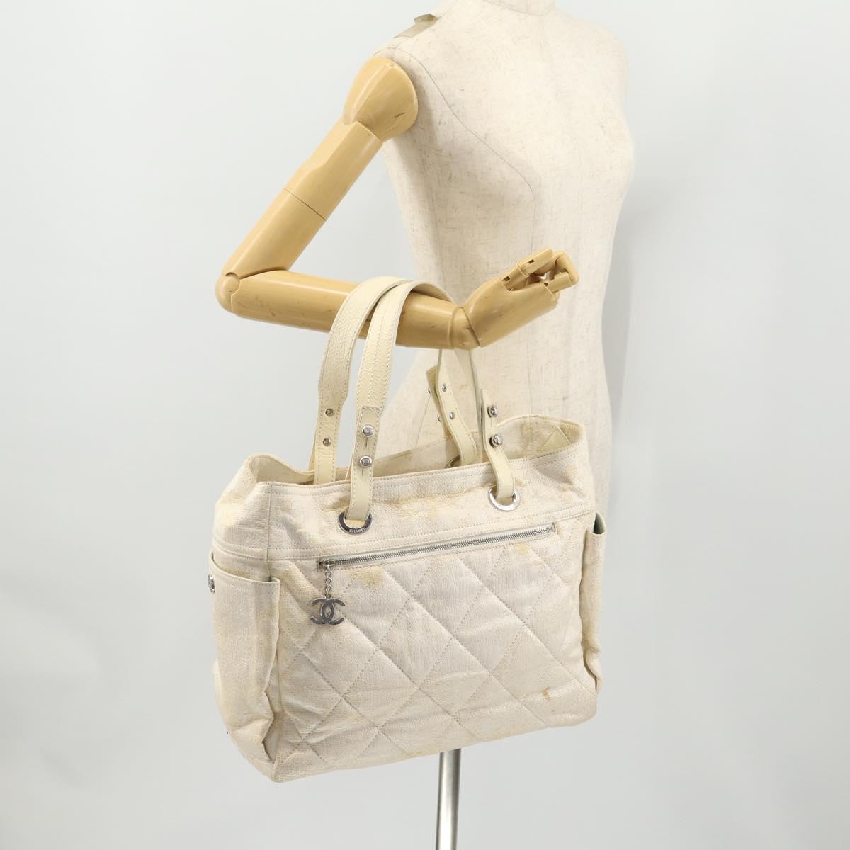 CHANEL Matelasse Paris Biarritz GM Tote Bag PVC Canvas White CC Auth hk3597