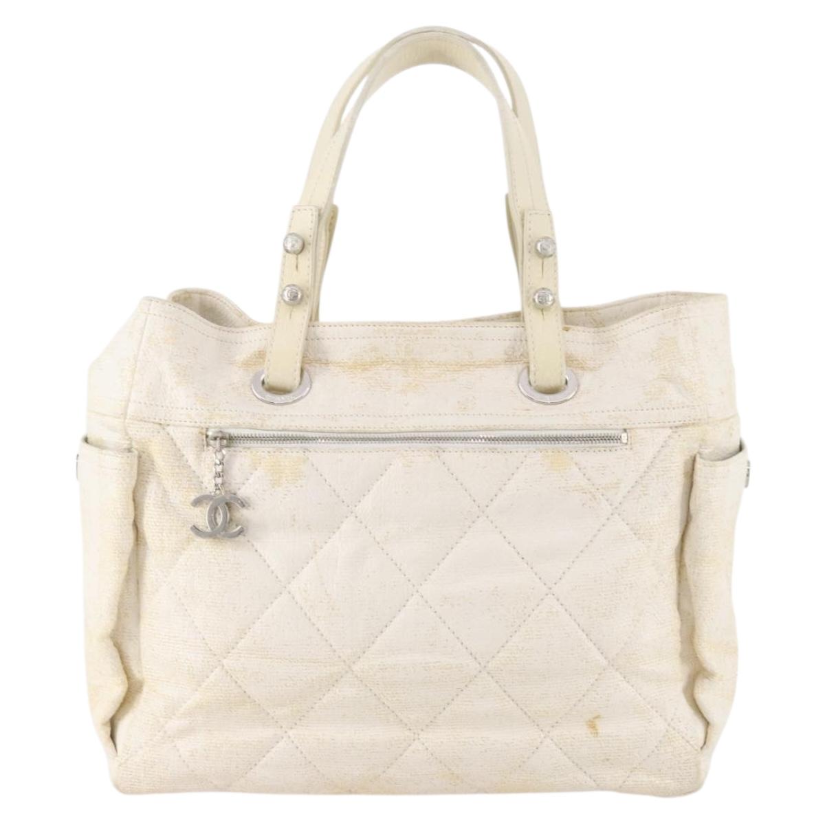 CHANEL Matelasse Paris Biarritz GM Tote Bag PVC Canvas White CC Auth hk3597