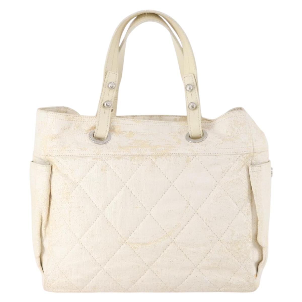CHANEL Matelasse Paris Biarritz GM Tote Bag PVC Canvas White CC Auth hk3597