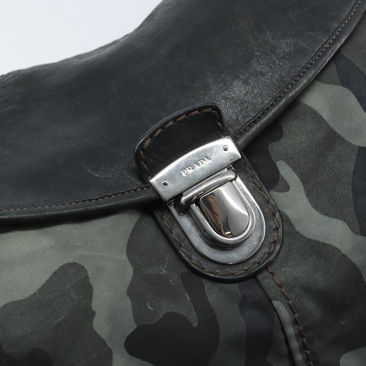 PRADA Camouflage Shoulder Bag Nylon Leather Khaki Black Silver Auth hk3599