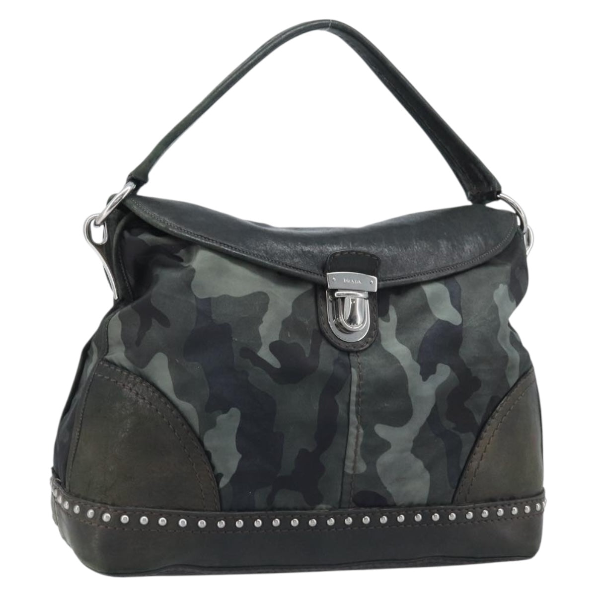 PRADA Camouflage Shoulder Bag Nylon Leather Khaki Black Silver Auth hk3599
