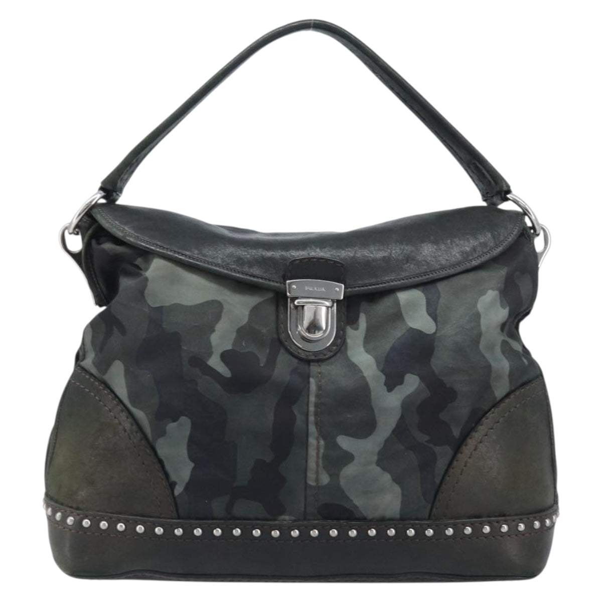 PRADA Camouflage Shoulder Bag Nylon Leather Khaki Black Silver Auth hk3599