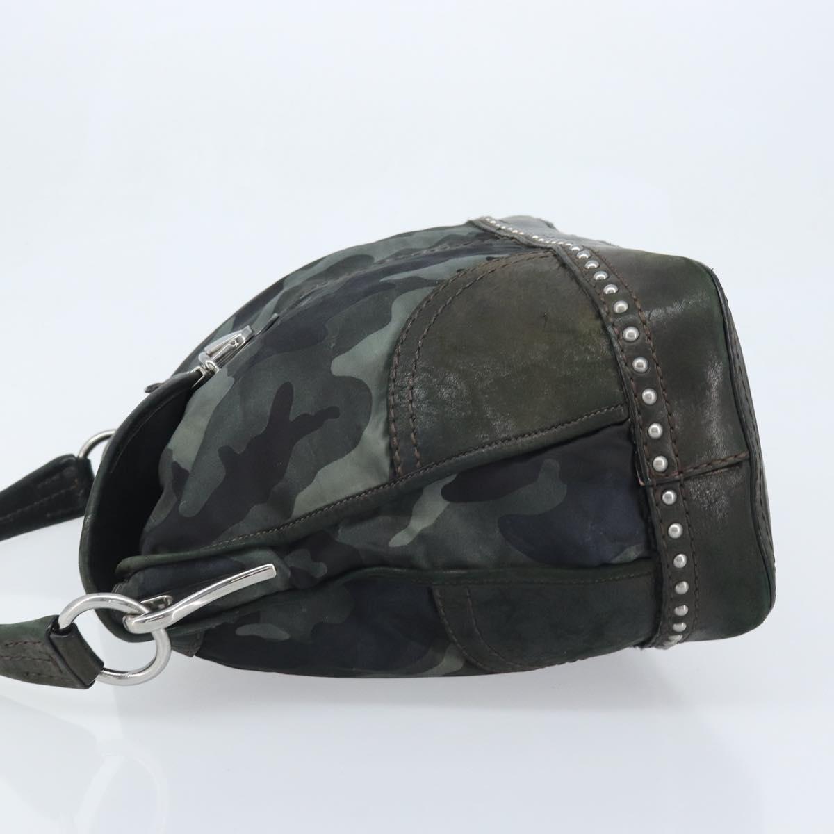 PRADA Camouflage Shoulder Bag Nylon Leather Khaki Black Silver Auth hk3599