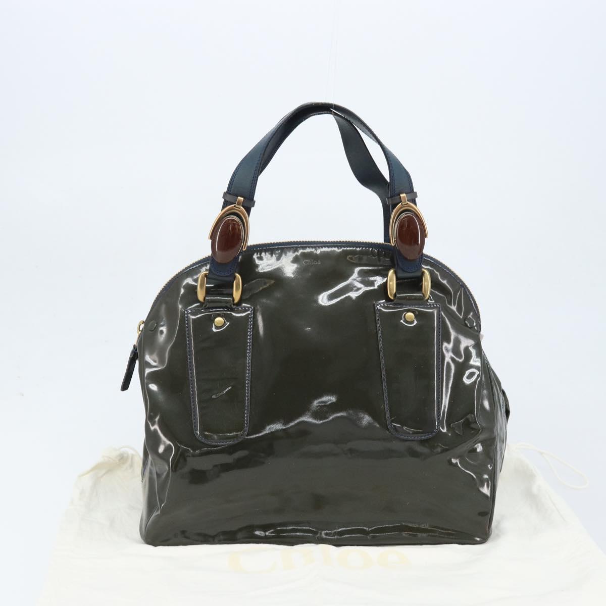 Chloe Hand Bag Patent leather Khaki Gold Auth hk3611