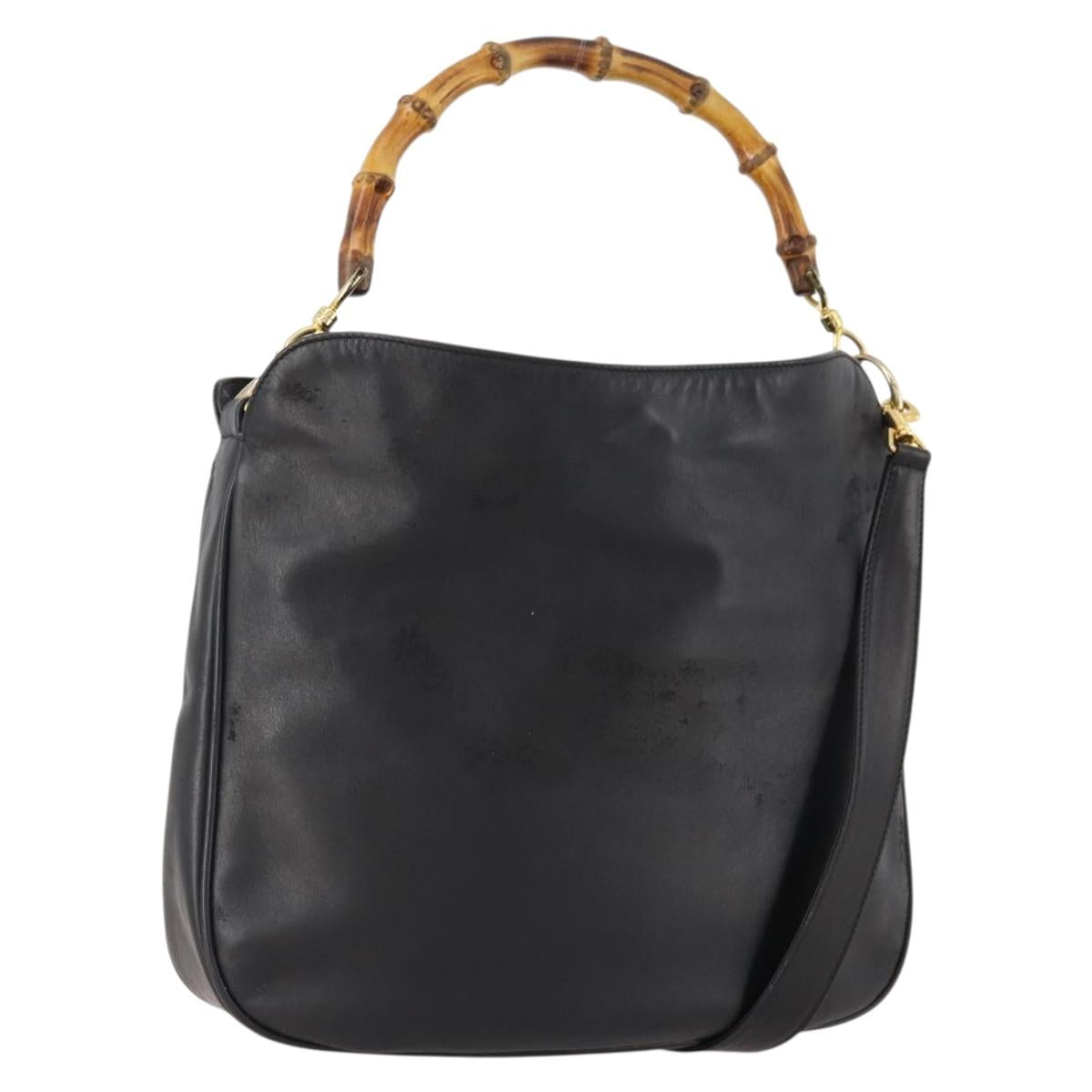 GUCCI Bamboo Shoulder Bag Leather 2way Black Gold 001 1781 1638 Auth hk3622