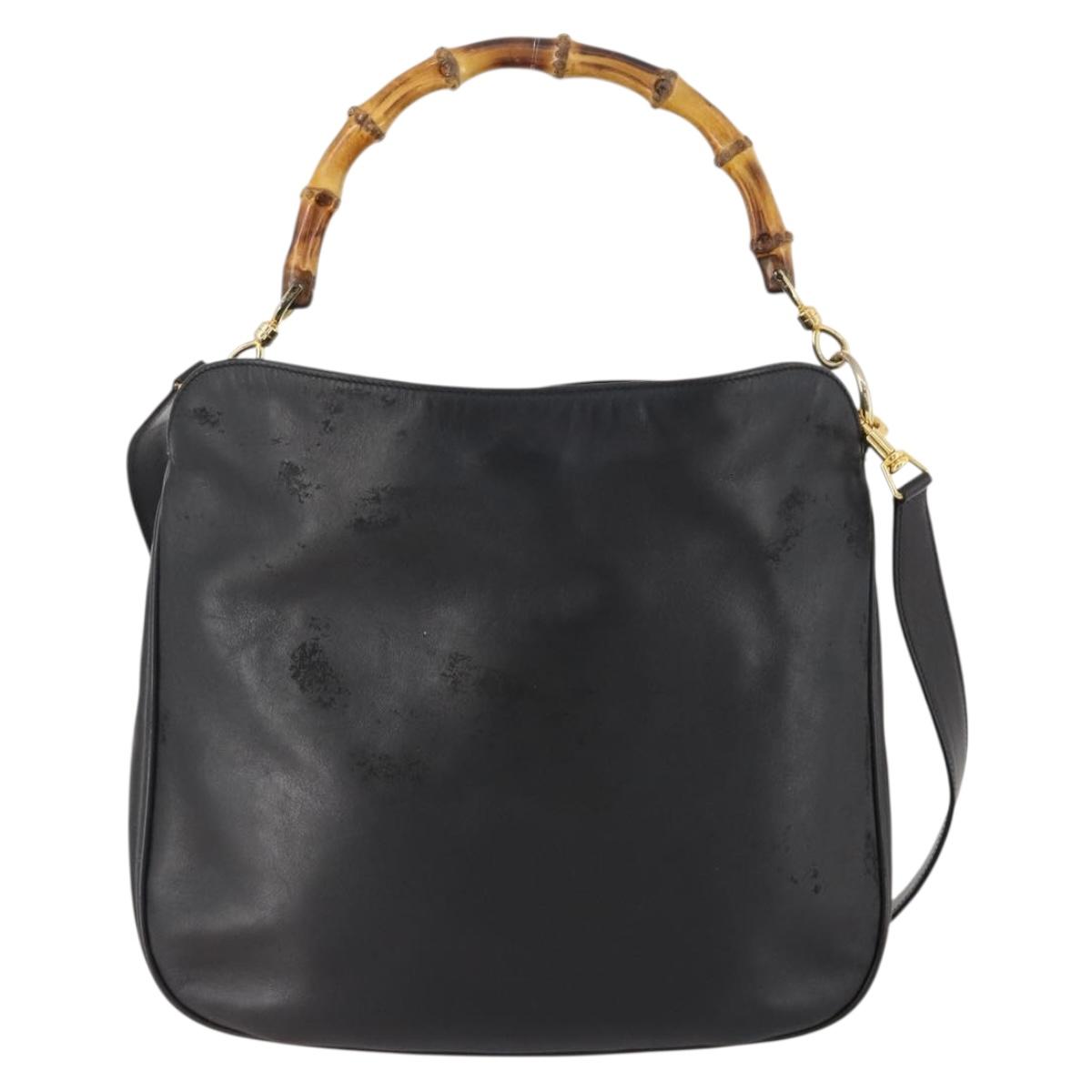 GUCCI Bamboo Shoulder Bag Leather 2way Black Gold 001 1781 1638 Auth hk3622