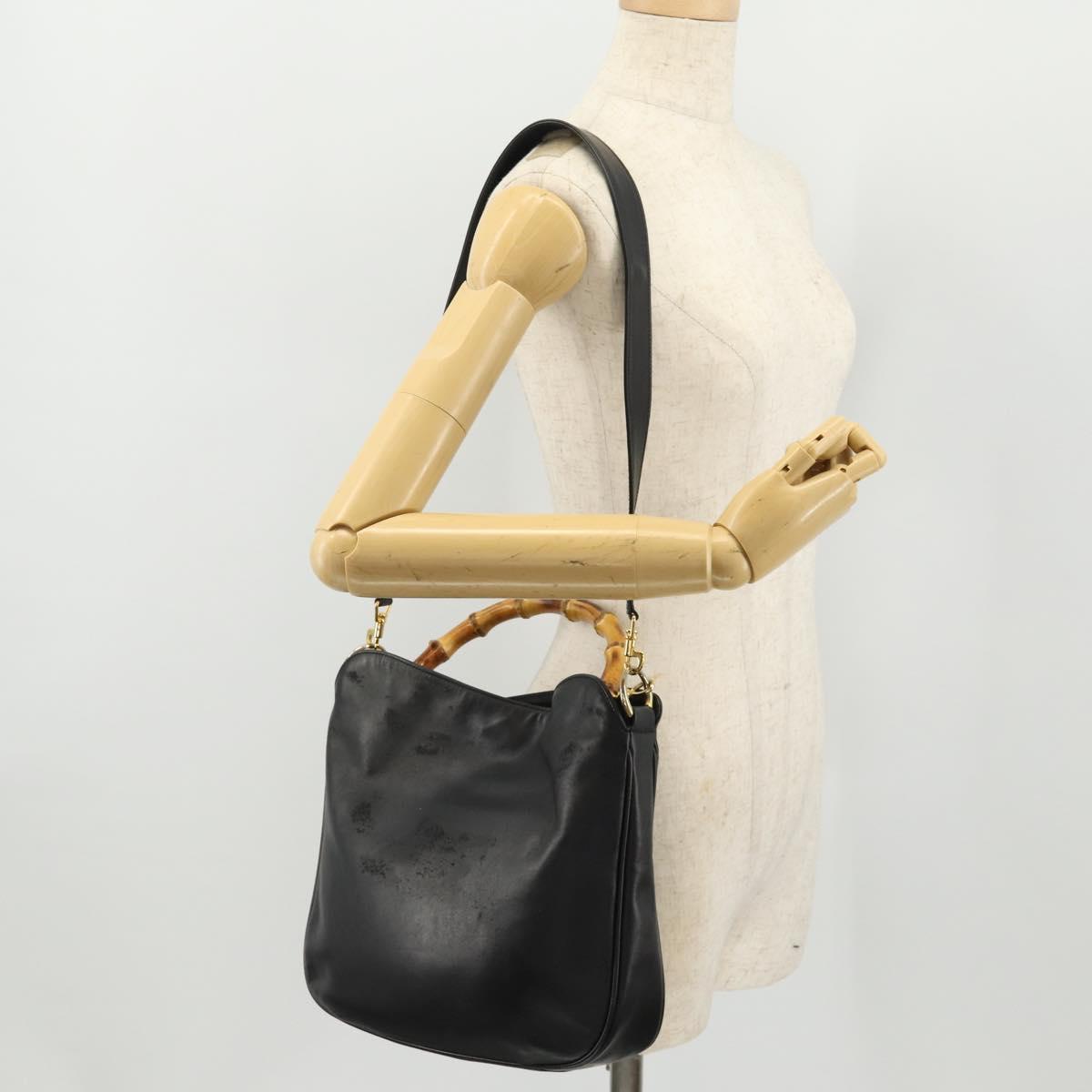 GUCCI Bamboo Shoulder Bag Leather 2way Black Gold 001 1781 1638 Auth hk3622