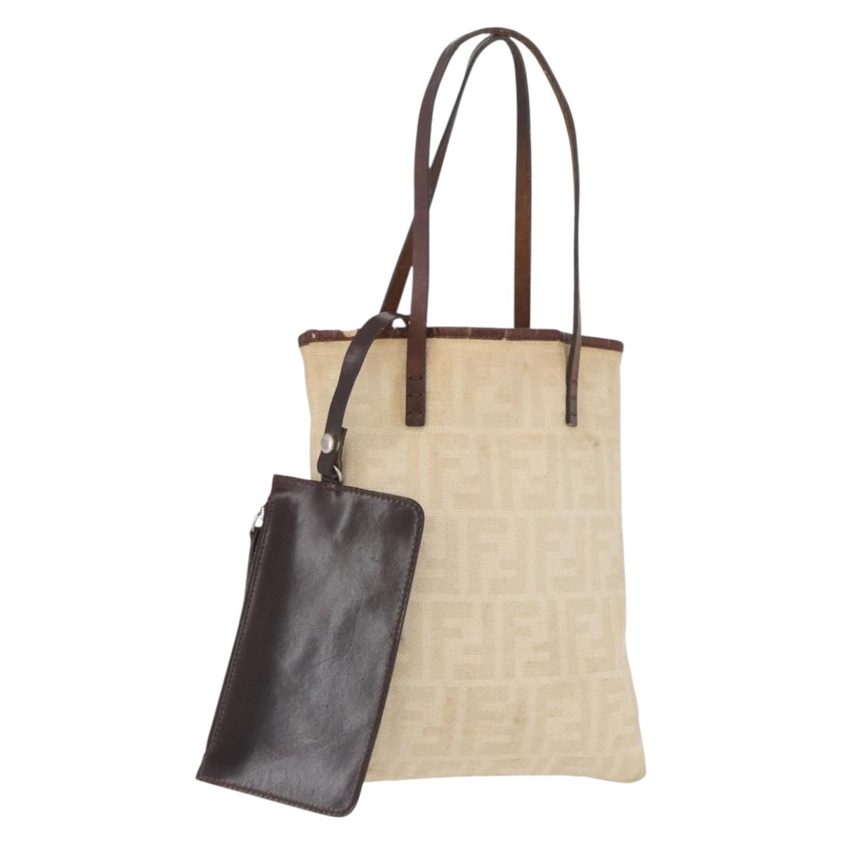 FENDI Zucca Canvas Tote Bag Beige Silver Auth hk3658