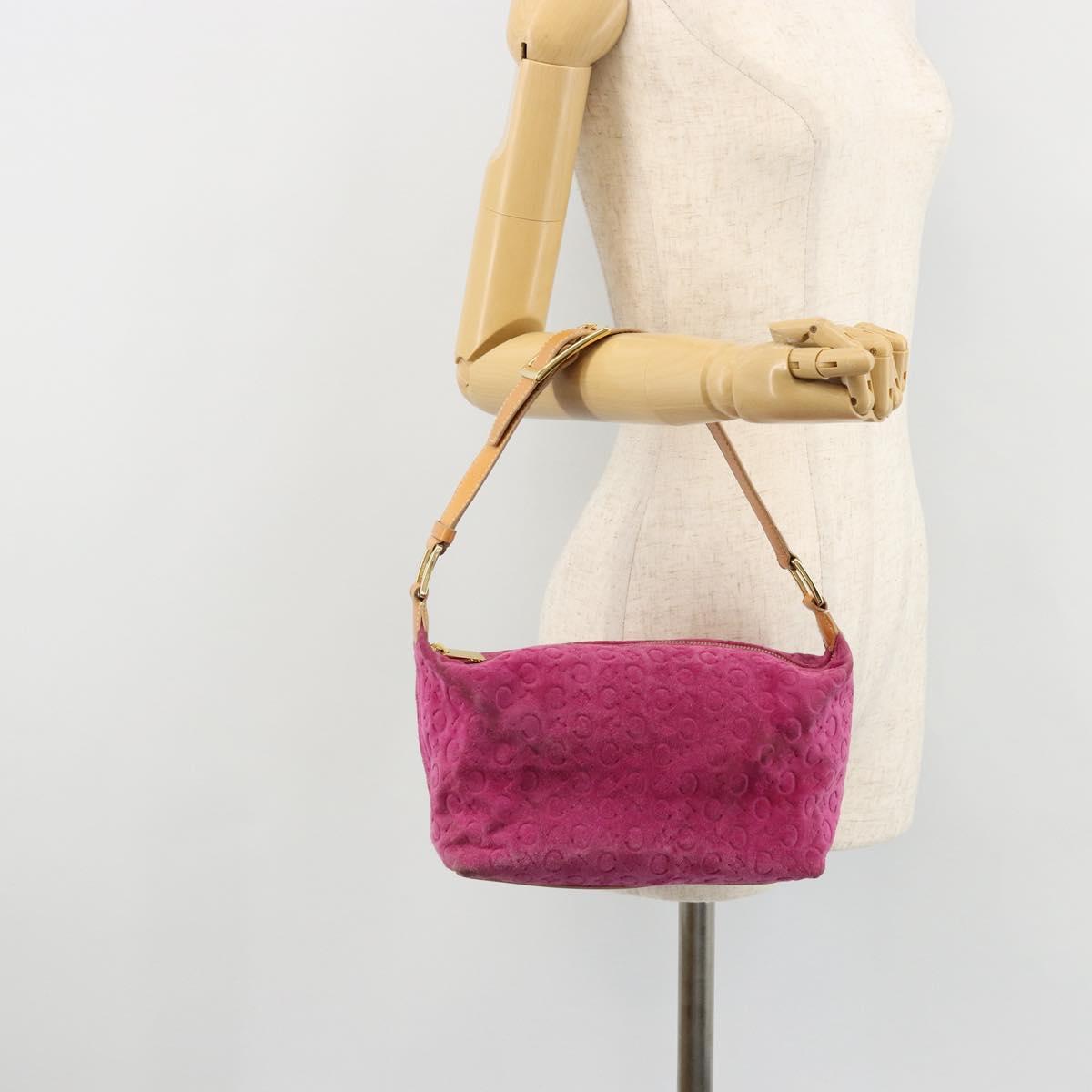 CELINE C Macadam Canvas Hand Bag Suede Pink Gold Auth hk3700A