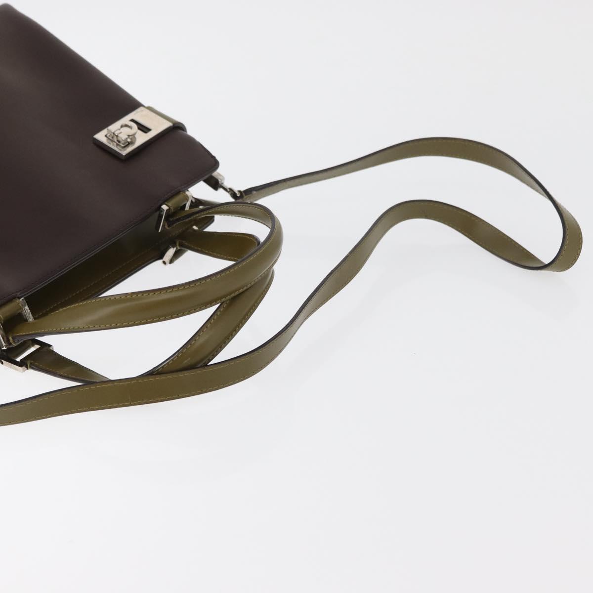 Salvatore Ferragamo Gancini Bag Patent leather 2way Brown Silver Auth hk3704