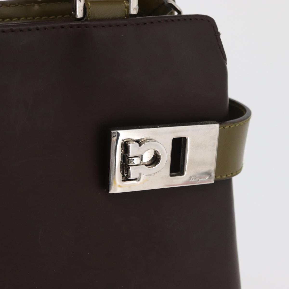 Salvatore Ferragamo Gancini Bag Patent leather 2way Brown Silver Auth hk3704