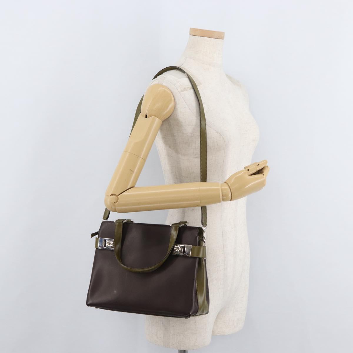Salvatore Ferragamo Gancini Bag Patent leather 2way Brown Silver Auth hk3704