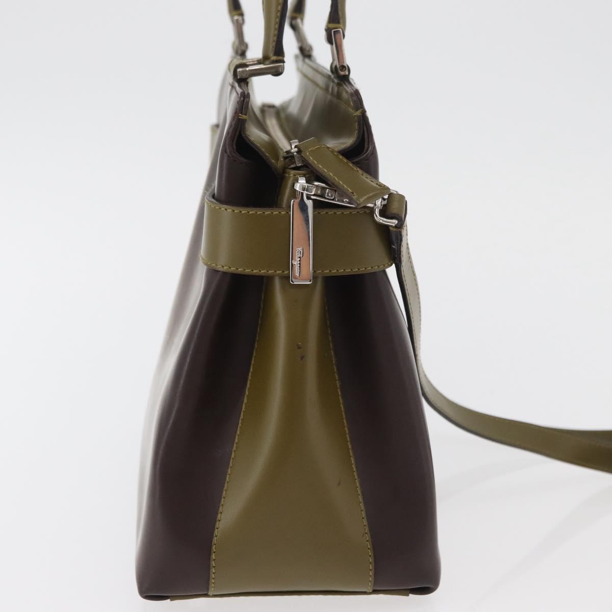 Salvatore Ferragamo Gancini Bag Patent leather 2way Brown Silver Auth hk3704