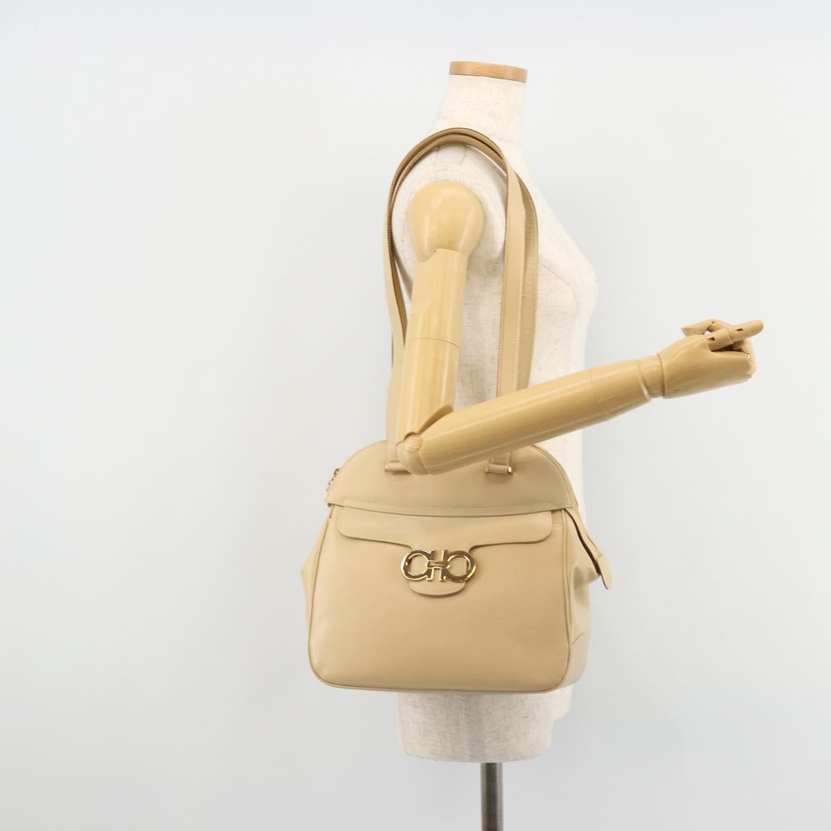 Salvatore Ferragamo Gancini Tote Bag Leather Beige Gold Auth hk3707