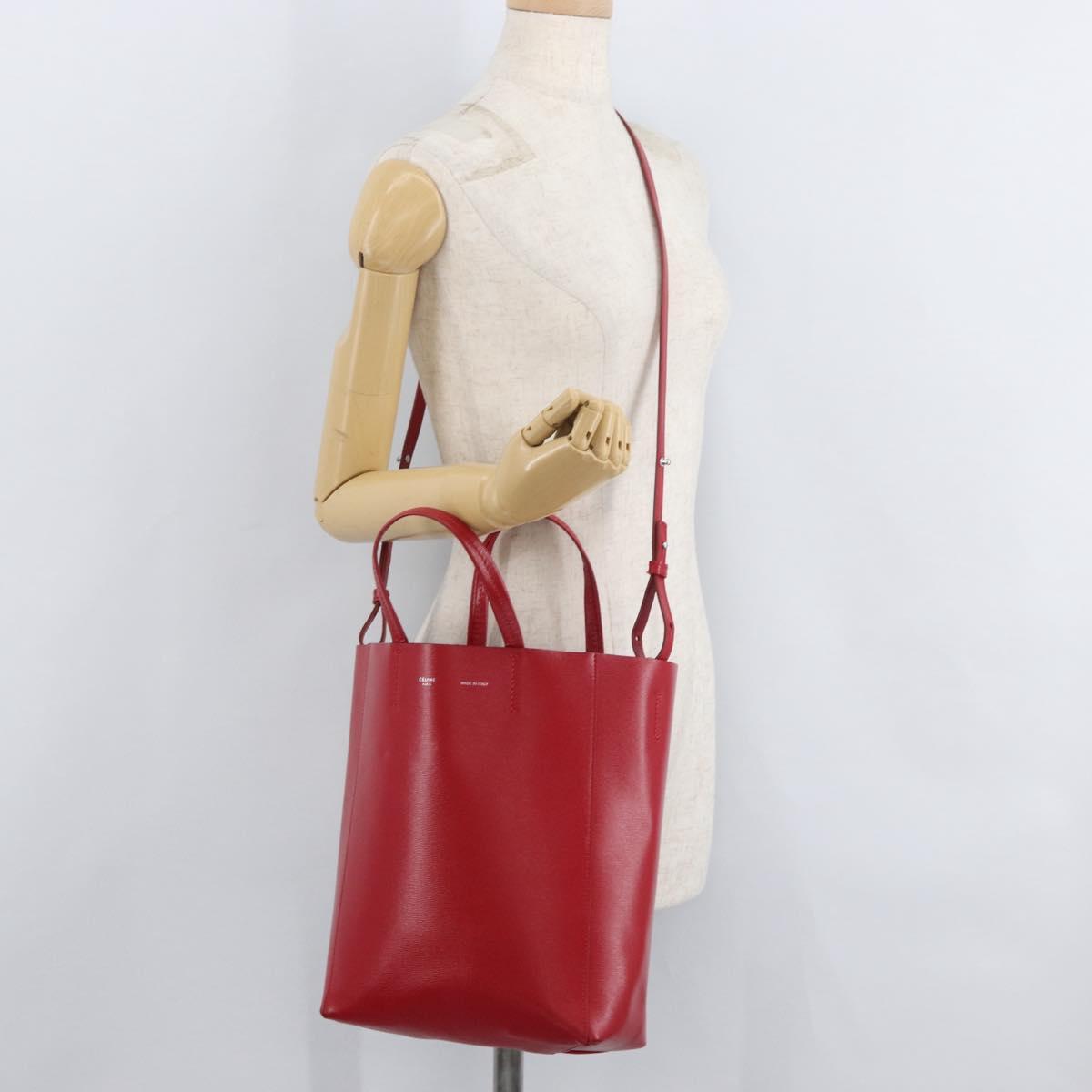 CELINE Vertical Cabas Tote Bag Leather 2way Red Silver Auth hk3730A