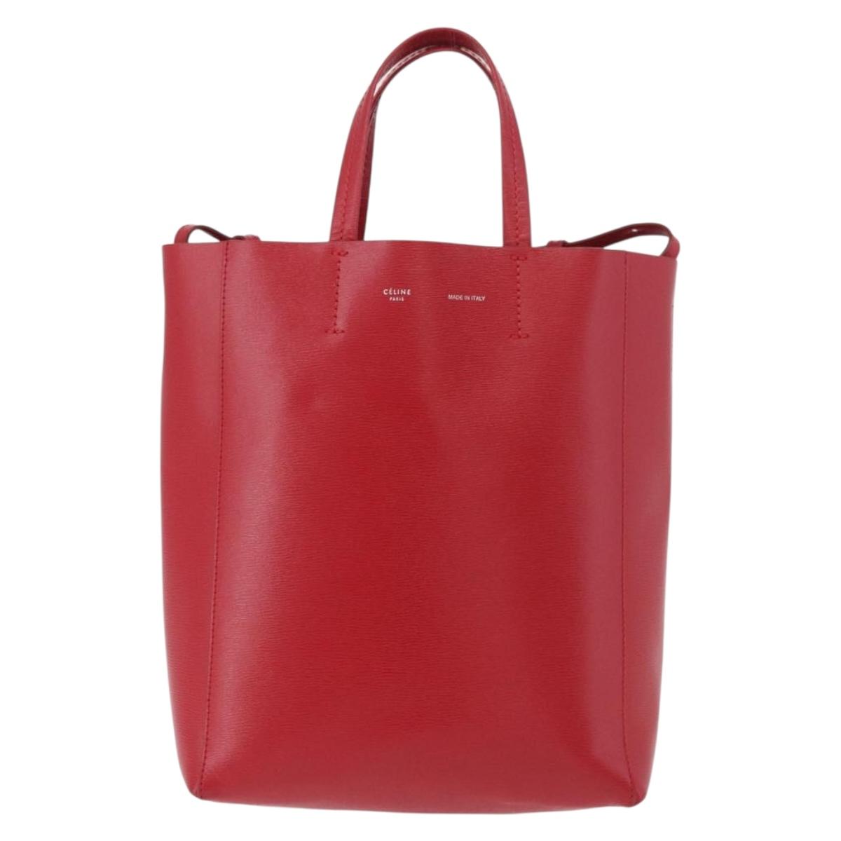 CELINE Vertical Cabas Tote Bag Leather 2way Red Silver Auth hk3730A