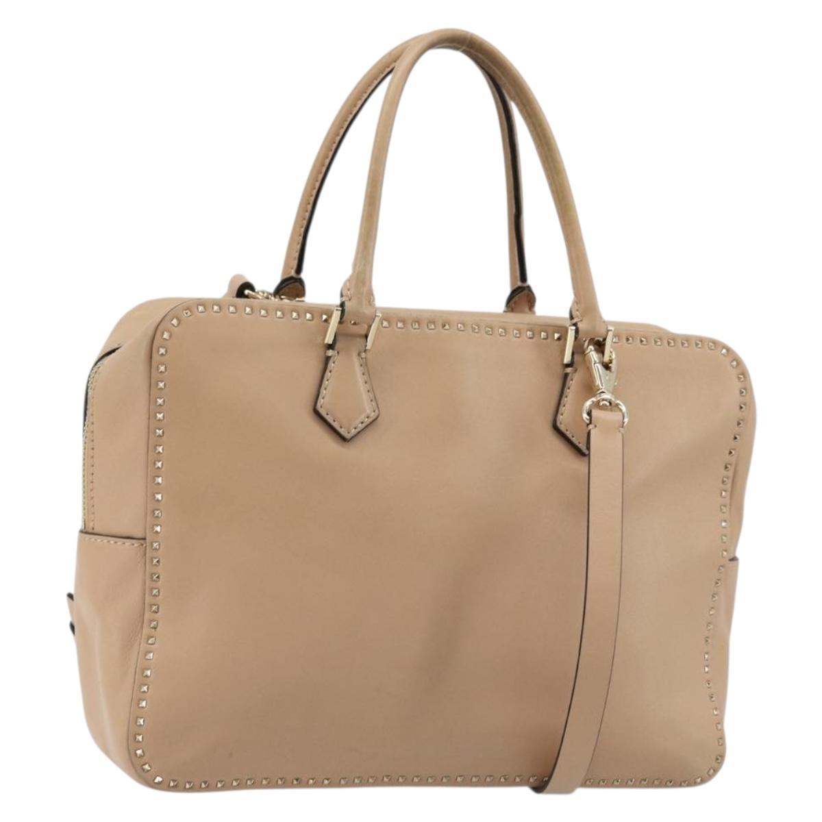 VALENTINO Hand Bag Leather 2way Beige Gold Auth hk3733A