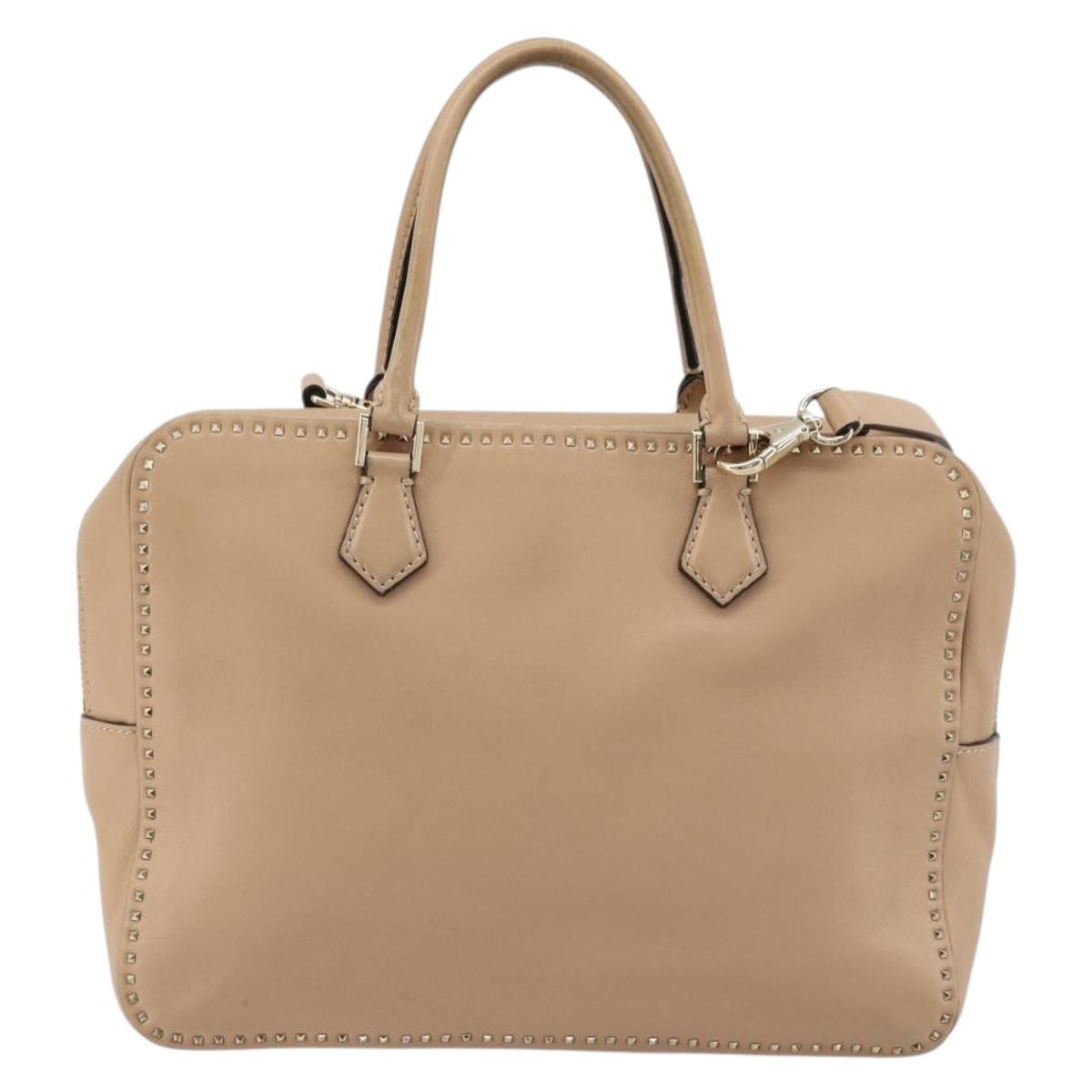 VALENTINO Hand Bag Leather 2way Beige Gold Auth hk3733A