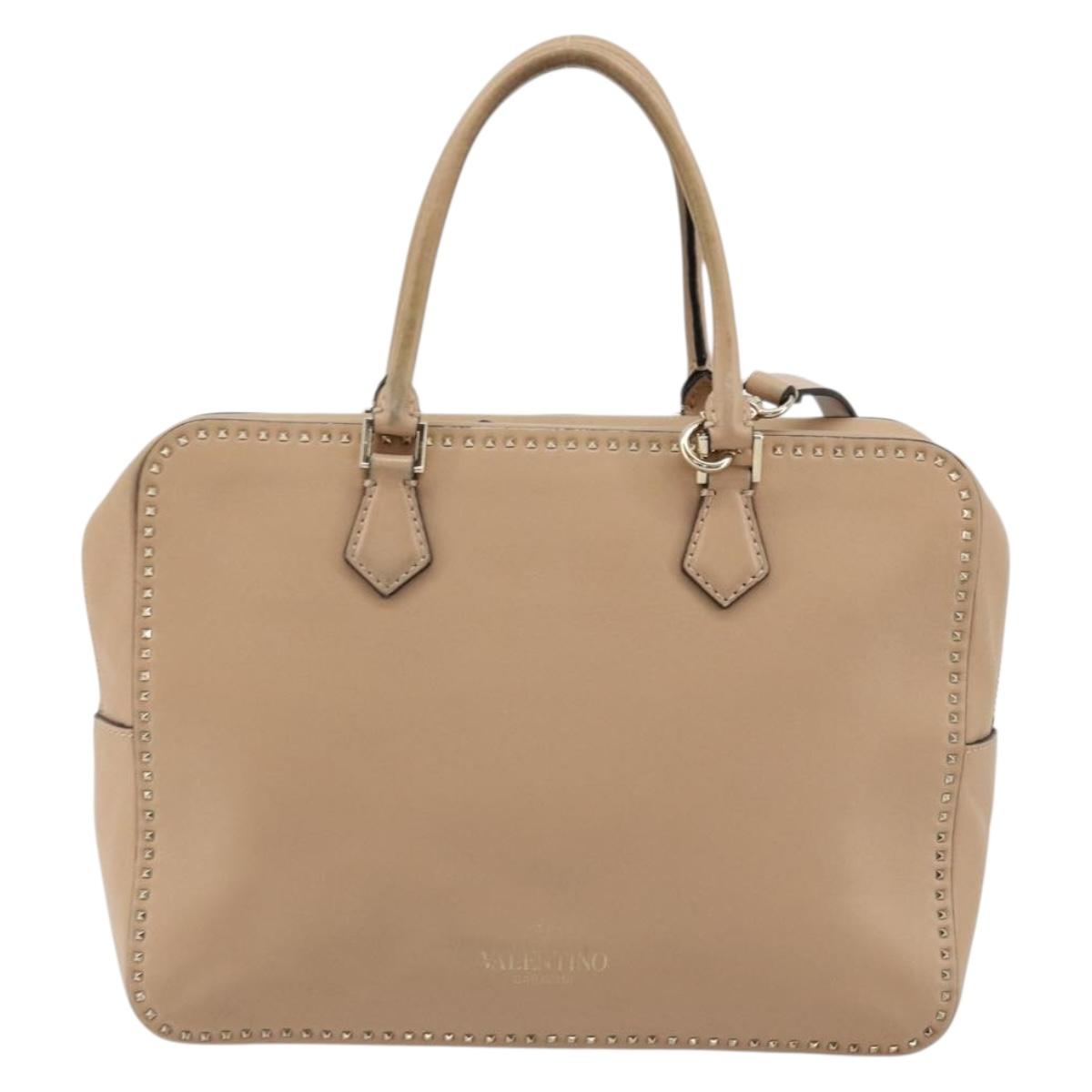 VALENTINO Hand Bag Leather 2way Beige Gold Auth hk3733A
