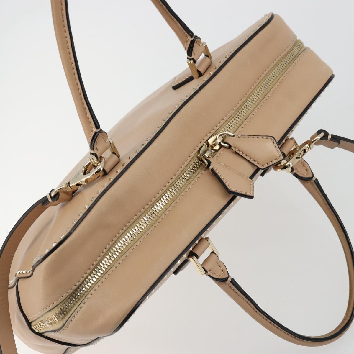 VALENTINO Hand Bag Leather 2way Beige Gold Auth hk3733A