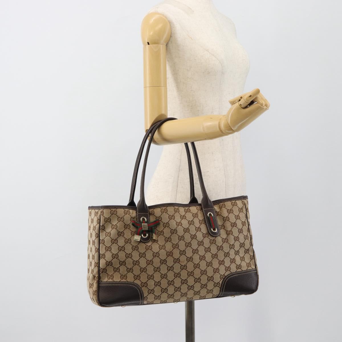 GUCCI GG Canvas Web Sherry Line Tote Bag Beige Gold 163805 Auth hk3785
