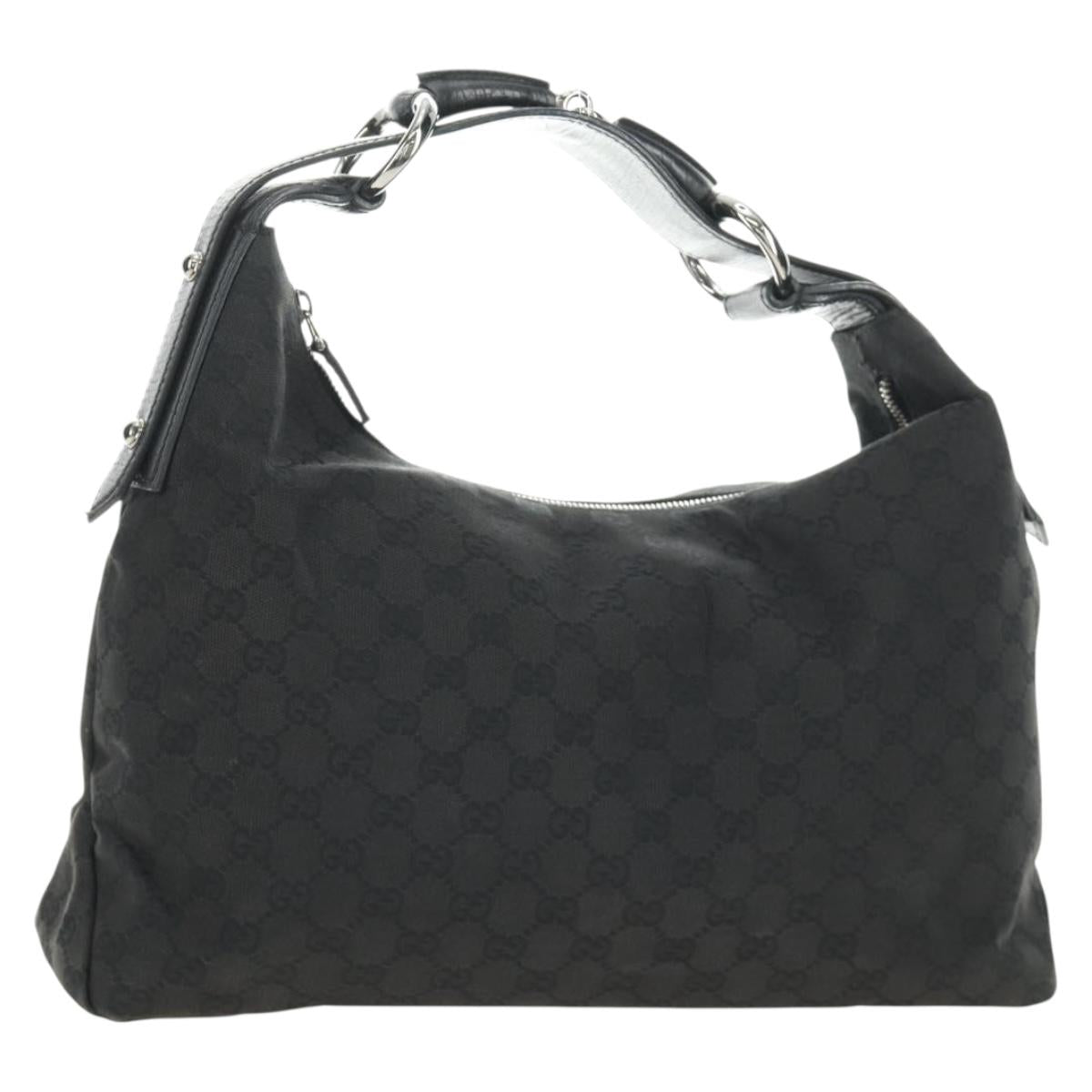 GUCCI GG Canvas Horsebit Shoulder Bag Black Silver 115867 Auth hk3790V