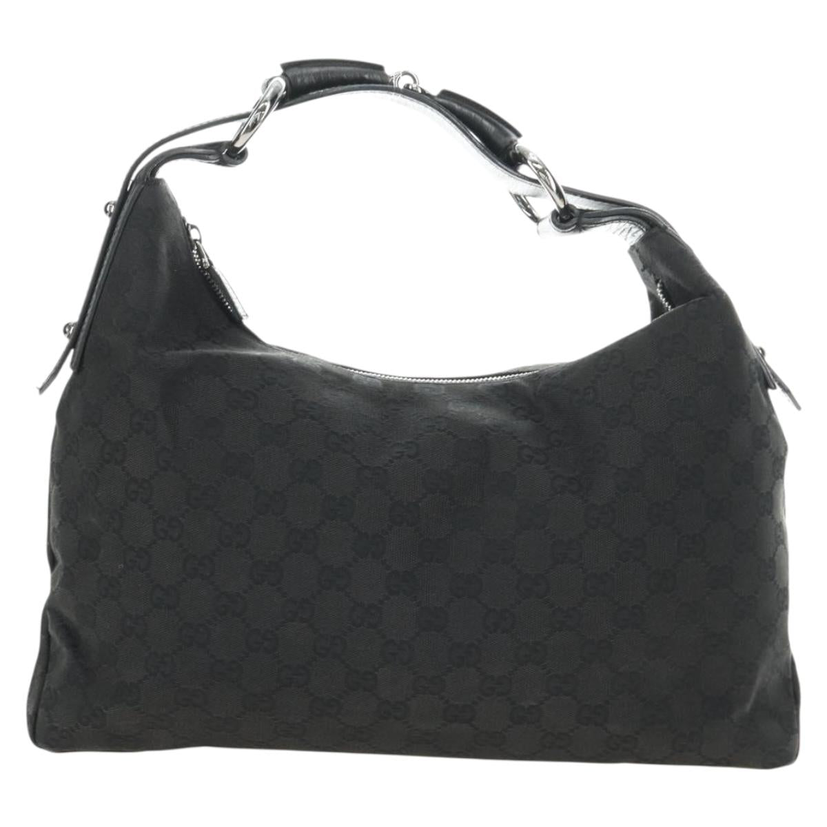 GUCCI GG Canvas Horsebit Shoulder Bag Black Silver 115867 Auth hk3790V