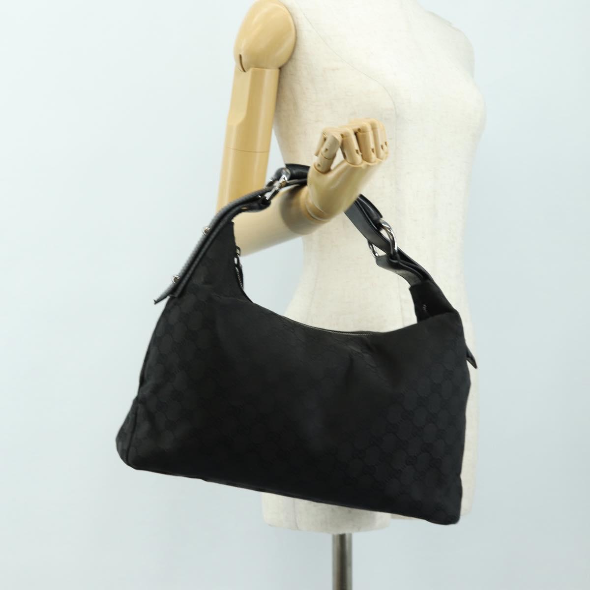 GUCCI GG Canvas Horsebit Shoulder Bag Black Silver 115867 Auth hk3790V