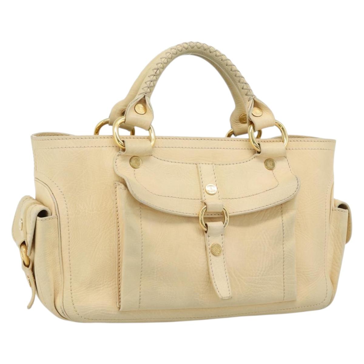 CELINE Hand Bag Leather Ivory Gold Auth hk3795