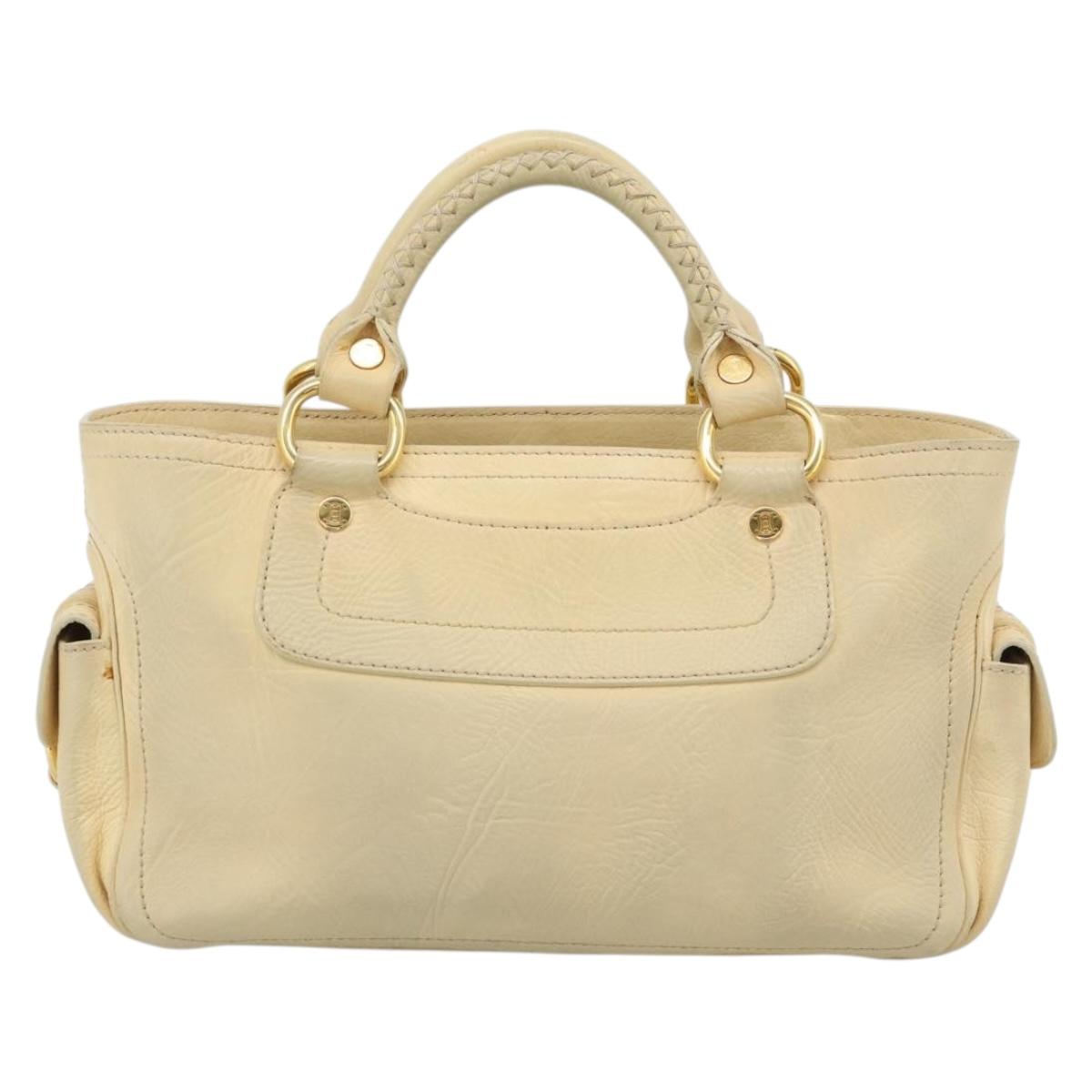 CELINE Hand Bag Leather Ivory Gold Auth hk3795
