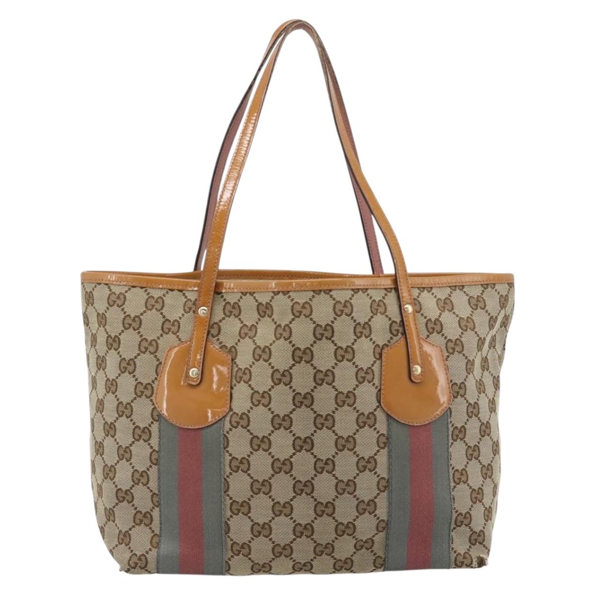 GUCCI GG Canvas Web Sherry Line Tote Bag Beige Gold 211971 Auth hk3796