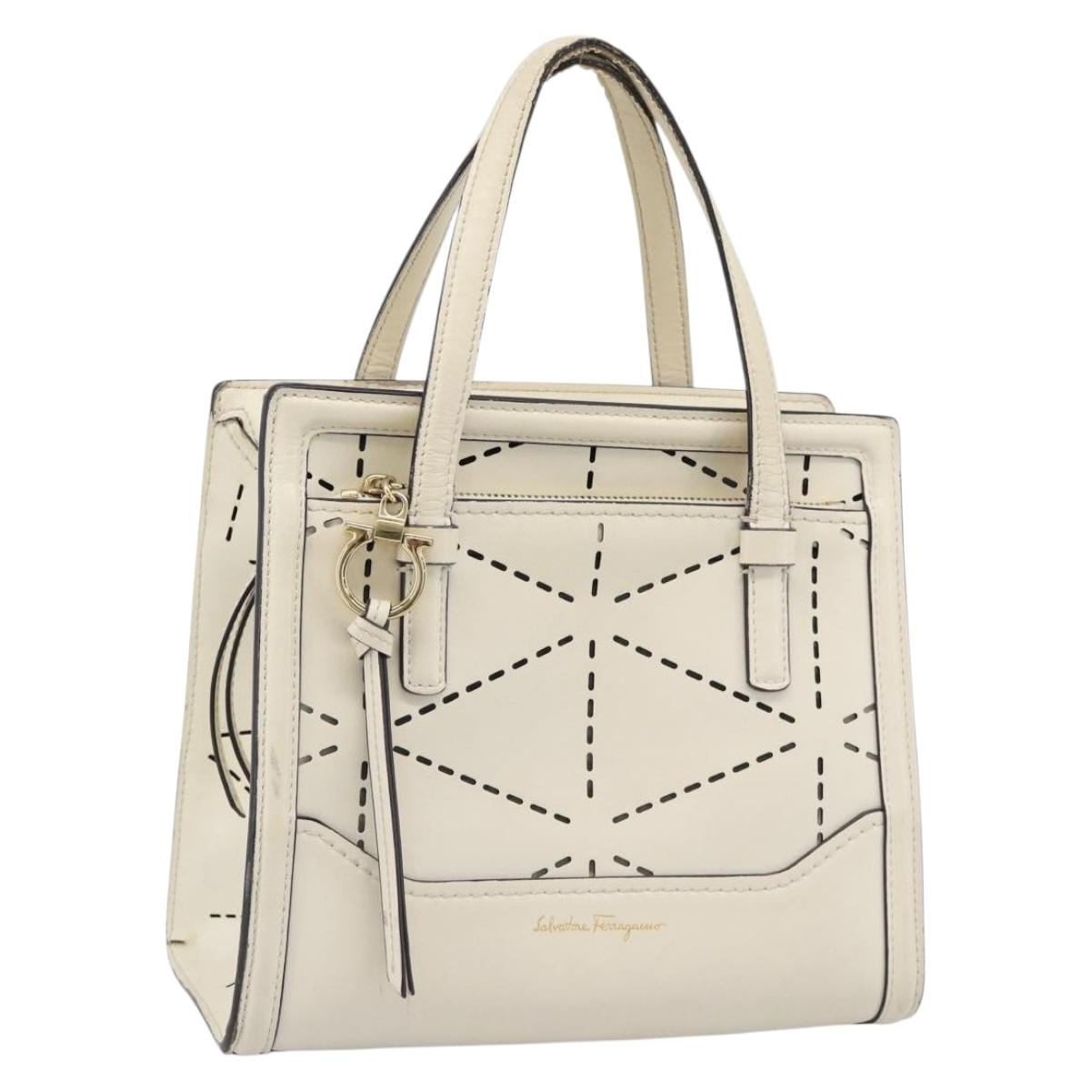 Salvatore Ferragamo Hand Bag Leather White Gold Auth hk3799
