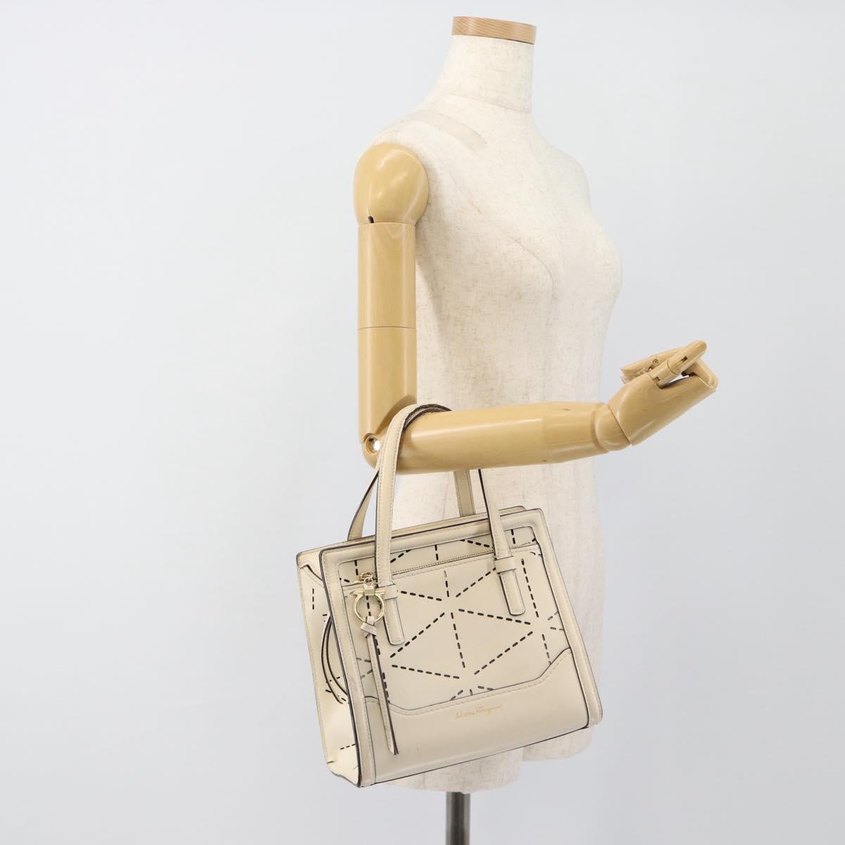 Salvatore Ferragamo Hand Bag Leather White Gold Auth hk3799