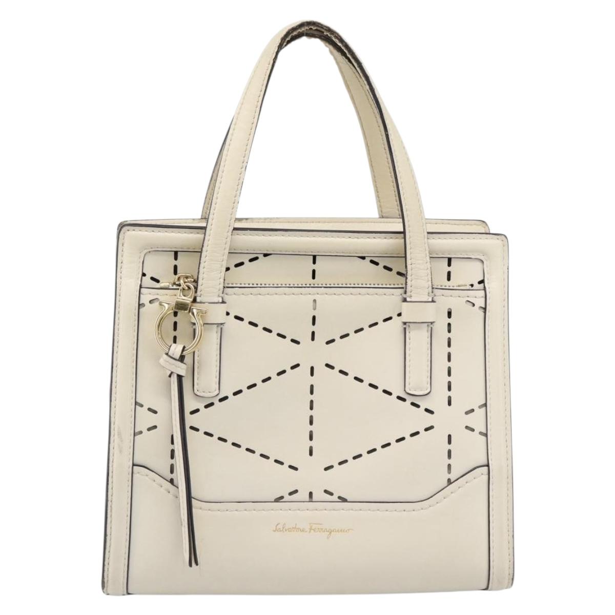 Salvatore Ferragamo Hand Bag Leather White Gold Auth hk3799
