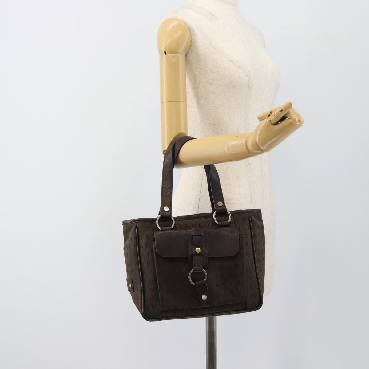 BVLGARI Logo Mania Hand Bag Canvas Brown Silver Auth hk3805