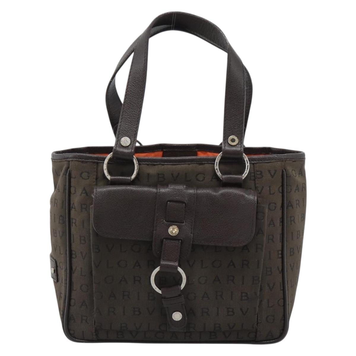 BVLGARI Logo Mania Hand Bag Canvas Brown Silver Auth hk3805