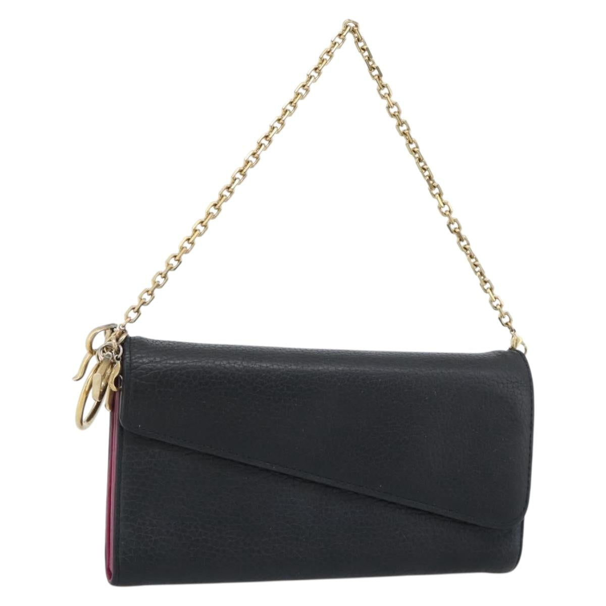 Christian Dior Diorissimo Chain Wallet Leather Black Gold Auth hk3807