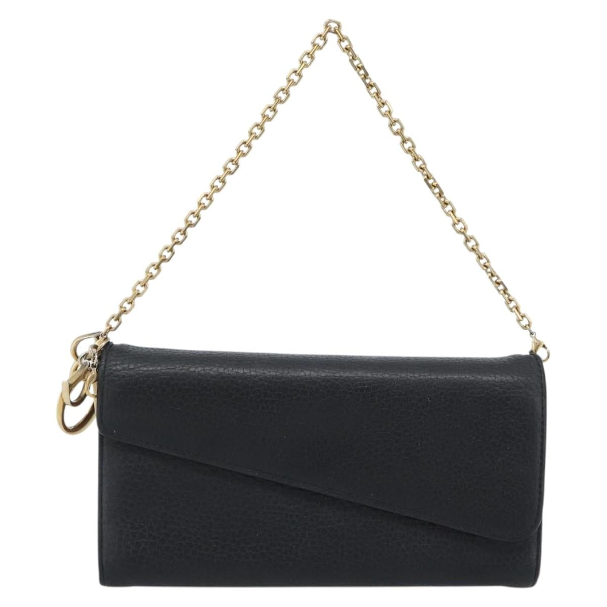 Christian Dior Diorissimo Chain Wallet Leather Black Gold Auth hk3807